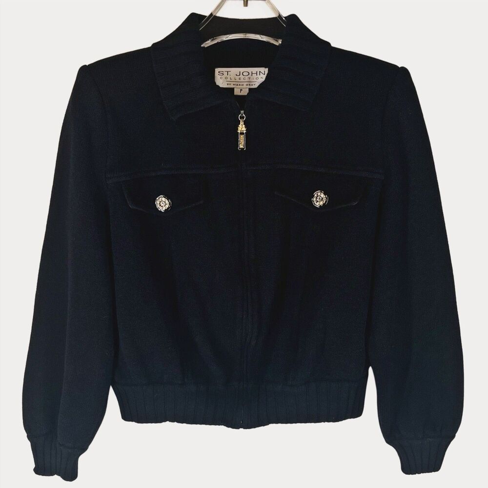 St John Collection Size P Small Marie Gray Knit Cotton Jacket Black Full Zipper